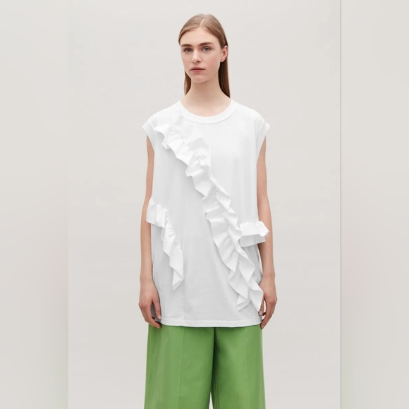 COS Tops - COS White Frilled Cocoon Contemporary Minimalist Office Vest Size Large